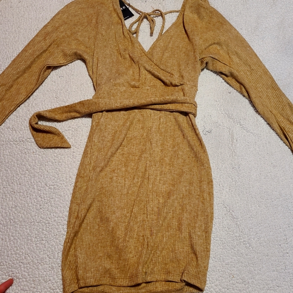 Tan long sleeve tie back dress